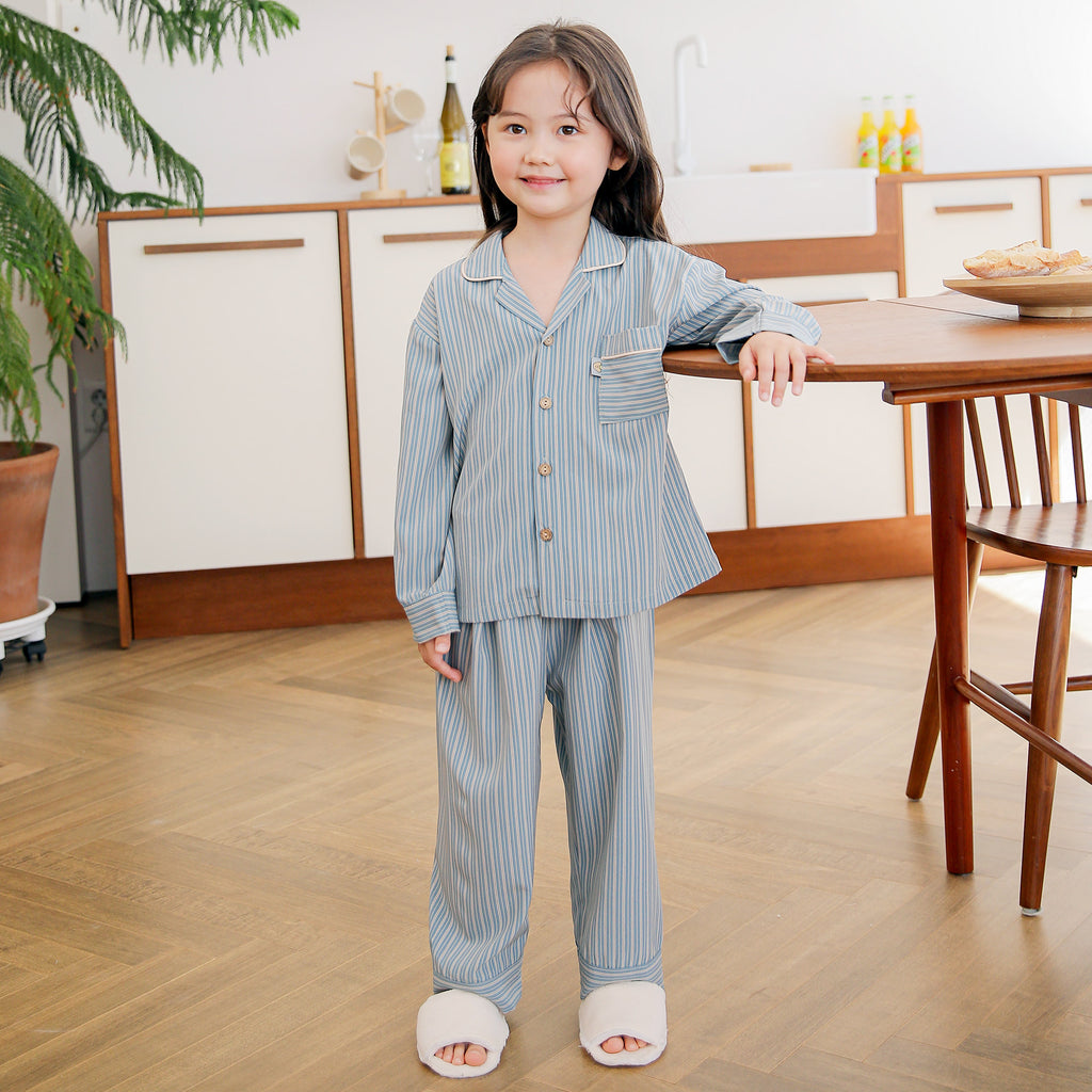 Blueberry Breeze Stripes Collared Long Sleeve Set