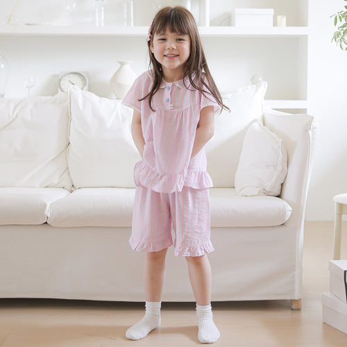Cotton Candy Pink Ruffled Collared Short Sleeve Set
