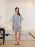 (Pre-order) Women's Powder Blue Stripes Collared Short Sleeve Set