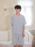 (Pre-order) Men's Powder Blue Stripes Collared Short Sleeve Set