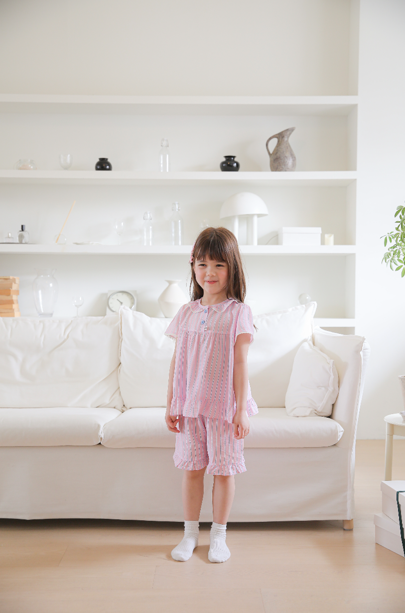 Cotton Candy Pink Ruffled Collared Short Sleeve Set