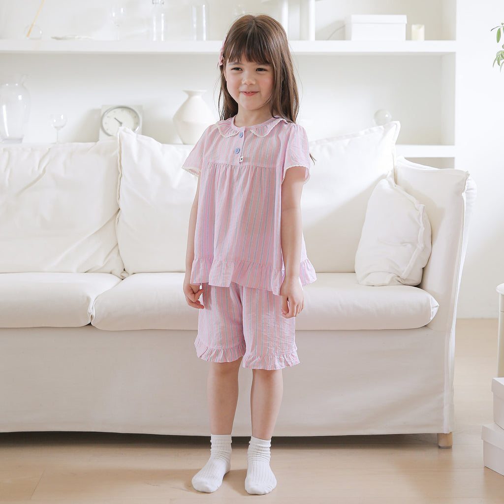 Cotton Candy Pink Ruffled Collared Short Sleeve Set